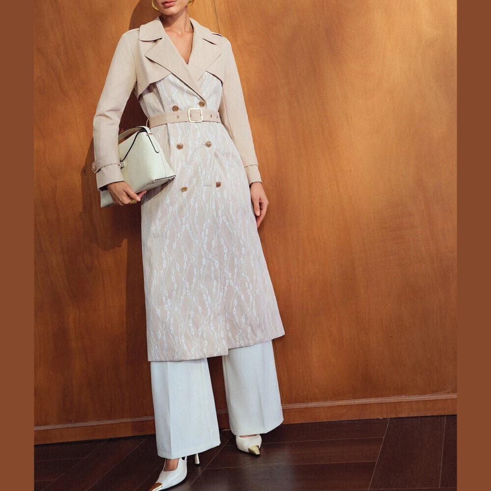 Tan Lace Overlay Belted Long Trench Coat with Gold Buttons